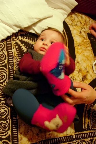 Zuza in her new felt shoes made by aunt Hanne and uncle Bronek