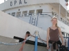 Hanne next to our ship, cruise from GdaÅ„sk to Hel on Hel peninsula